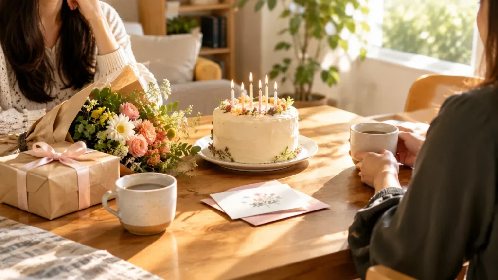 Warm birthday celebration with cake, flowers, gifts, and a prayer for a friend.
