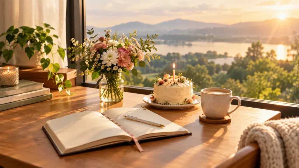 Peaceful birthday morning scene symbolizing reflection and a new beginning.