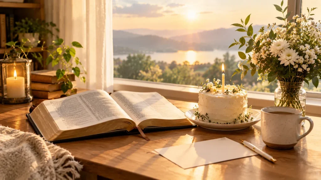 Bible, birthday cake, and flowers representing prayer and guidance for the year ahead.