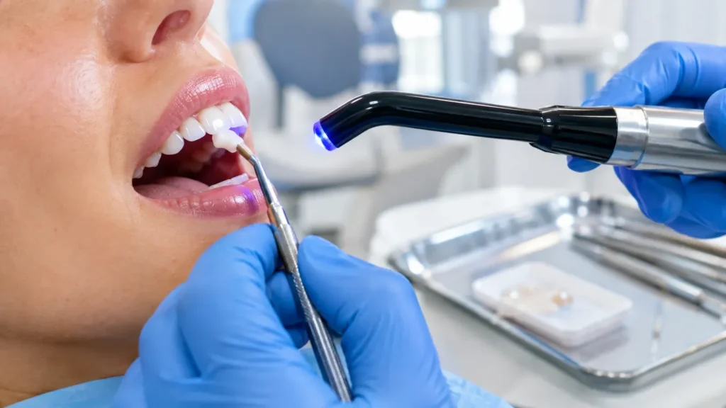 Close-up of a patient undergoing a dental bonding procedure. A dentist wearing blue gloved hands uses a dental tool to apply resin to a front upper tooth while shining a blue UV curing light onto the site to harden the material. In the background, dental equipment and a metal tray with instruments are visible on a white surface.