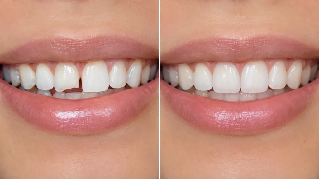 Side-by-side comparison of a person's smile before and after a cosmetic dental bonding treatment. The left photo shows front teeth with a gap between the central incisors and a chipped edge on the right front tooth. The right photo shows the completed result, featuring seamless, even, and gap-free white front teeth.