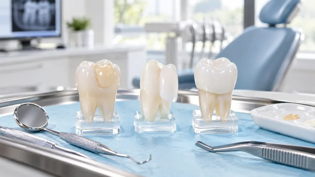 Three anatomical tooth models displayed on clear acrylic stands atop a blue lined medical tray inside a dental clinic. The models illustrate different restorative dental procedures: a molar with a tooth-colored filling, an incisor with a porcelain veneer, and a molar with a dental crown. Surrounding instruments include a dental mirror, explorer probe, tweezers, and a composite mixing palette, set against a blurred background showing a dental chair and X-ray display monitor.