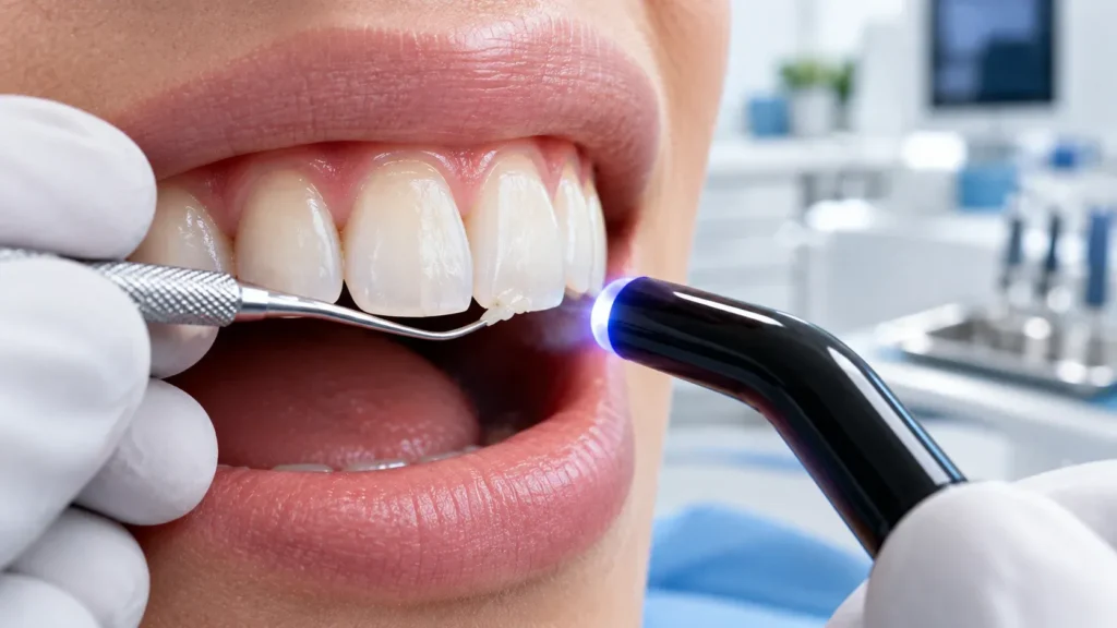 Dentist applying composite resin to repair a chipped front tooth