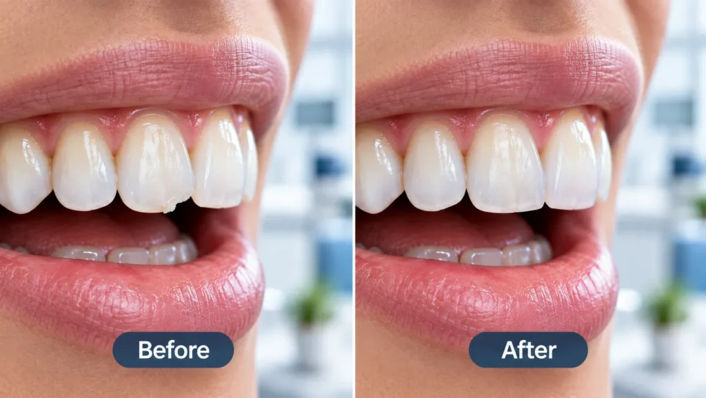 Before and after composite bonding repair of a chipped front tooth.