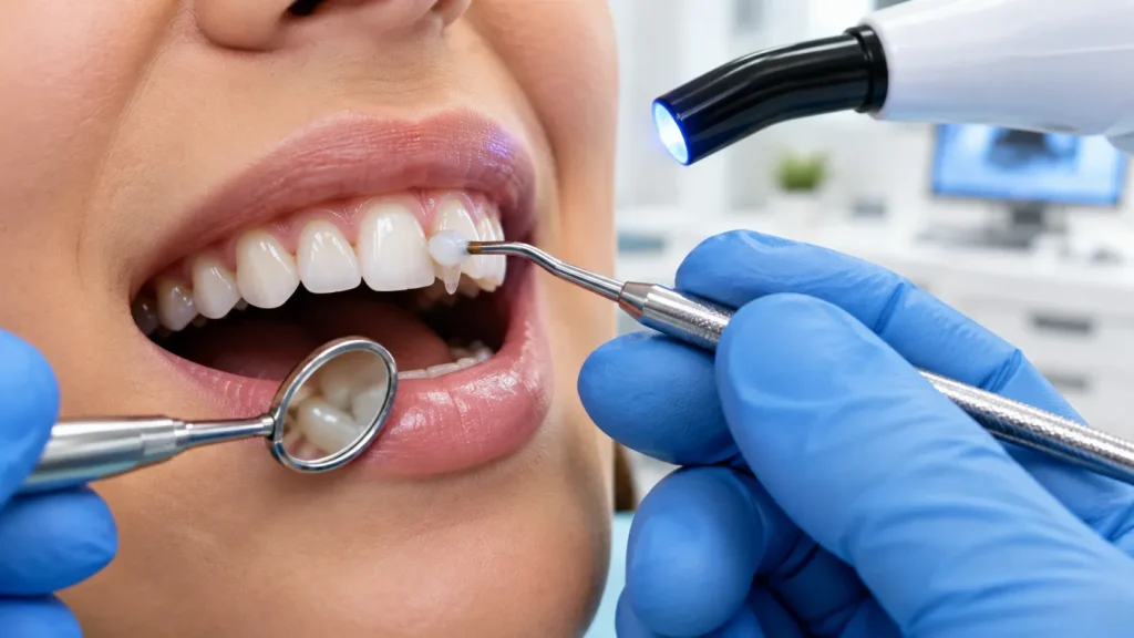 Close-up of a dentist in blue gloves applying composite resin to a patient's upper lateral incisor using a precision application instrument. A dental mirror is held near the lower lip to reflect the working area, while a blue UV curing light is positioned overhead to harden the resin material.