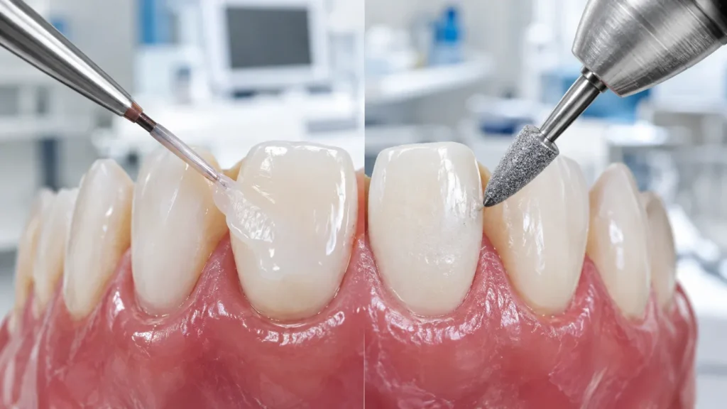 Side-by-side illustration of the dental bonding and finishing process on a tooth model. The left frame shows clear adhesive resin being applied to the front surface of a central incisor using a fine applicator brush. The right frame shows a dental handpiece with a diamond polishing burr refining and smoothing the bonded tooth surface along the gumline.