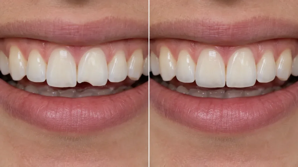 Before-and-after comparison of a person's smile undergoing dental bonding repair. The left image shows a noticeably chipped central incisor with uneven bottom edges. The right image shows the restored smile after treatment, featuring a fully repaired, smooth, and natural-looking tooth shape.