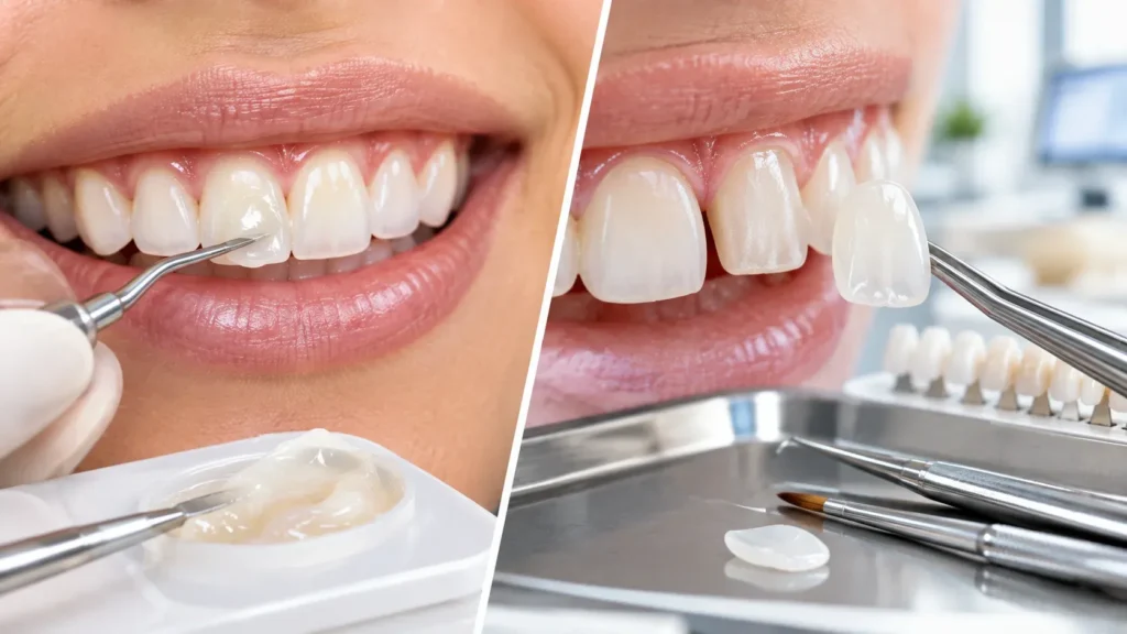 Side-by-side comparison showing composite dental bonding application on the left and a porcelain veneer placement on the right.