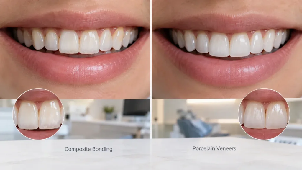 Natural-looking smile results from dental bonding and porcelain veneers