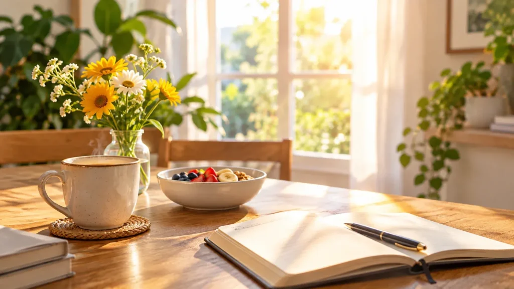 Peaceful Monday morning scene with coffee, flowers, and journal