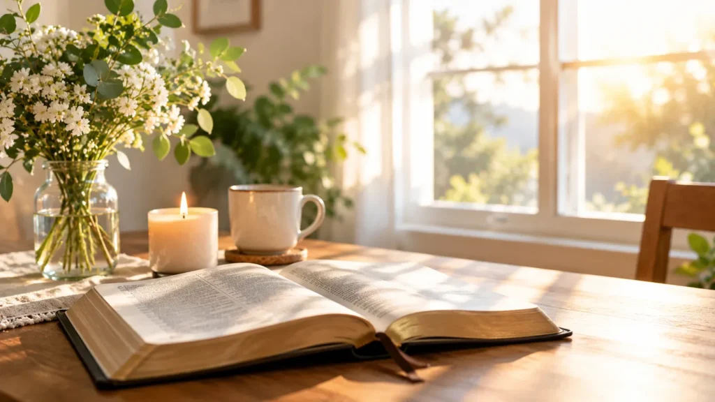 Bible, candle, and flowers representing Monday prayers and blessings.