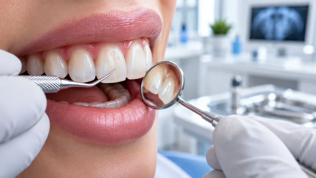 Dentist examining a front tooth with composite dental bonding.