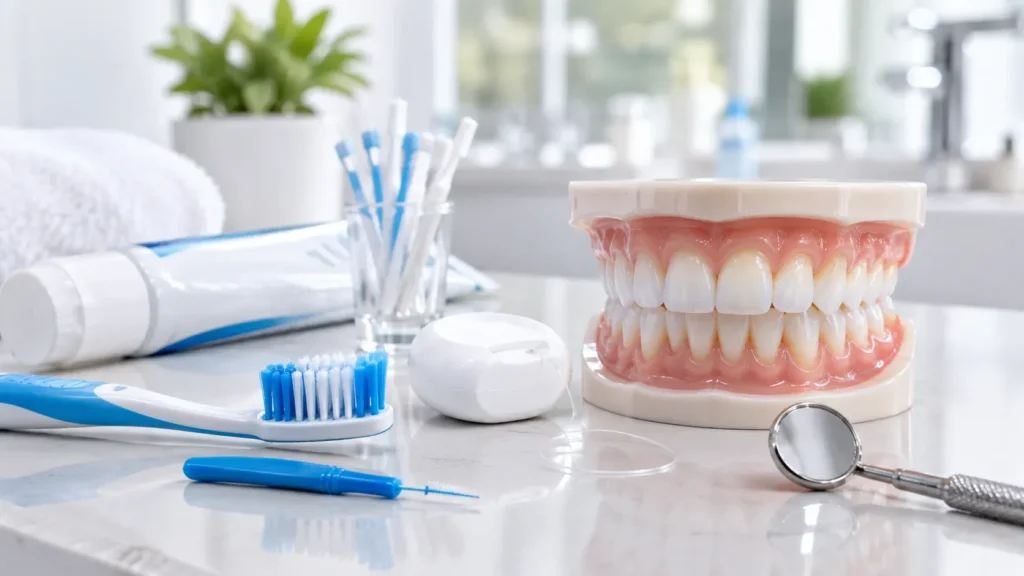 Oral hygiene tools for caring for composite bonded teeth.
