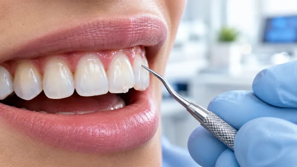 Chipped composite bonding being examined before dental repair.
