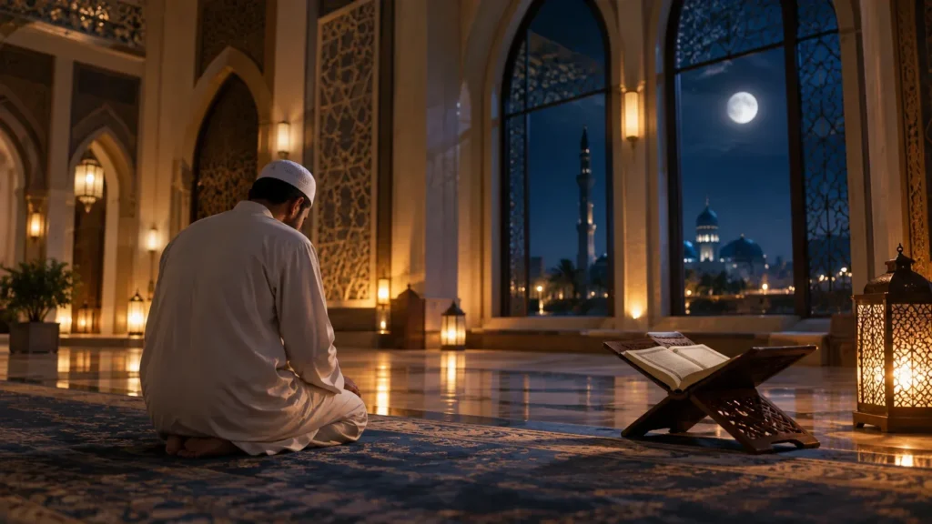 Muslim worshipper performing Tahajjud prayer during the quiet nighttime hours