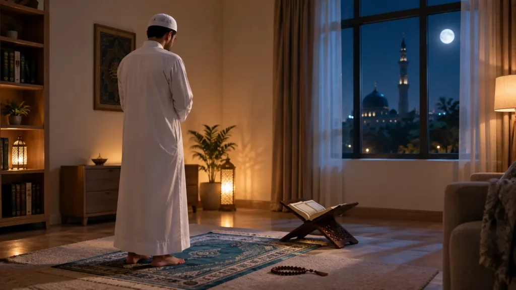 Muslim worshipper performing Tahajjud prayer in a peaceful home prayer space.