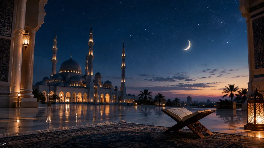Mosque at night representing the last third of the night before Fajr.