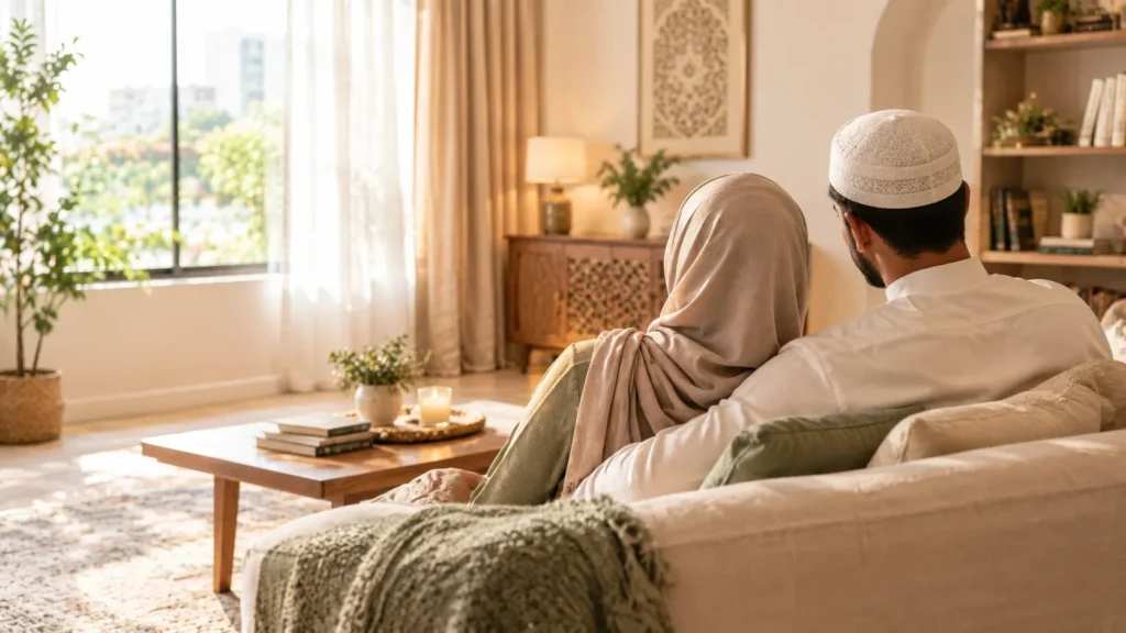 A back view of a Muslim couple sitting closely together on a comfortable beige couch in their living room. The woman wears a neutral beige hijab and green attire, leaning toward her husband, who wears a white thobe and a embroidered kufi cap. Warm natural light streams in from a large window into the brightly decorated space featuring a wooden coffee table, potted plants, and traditional Islamic wall art.