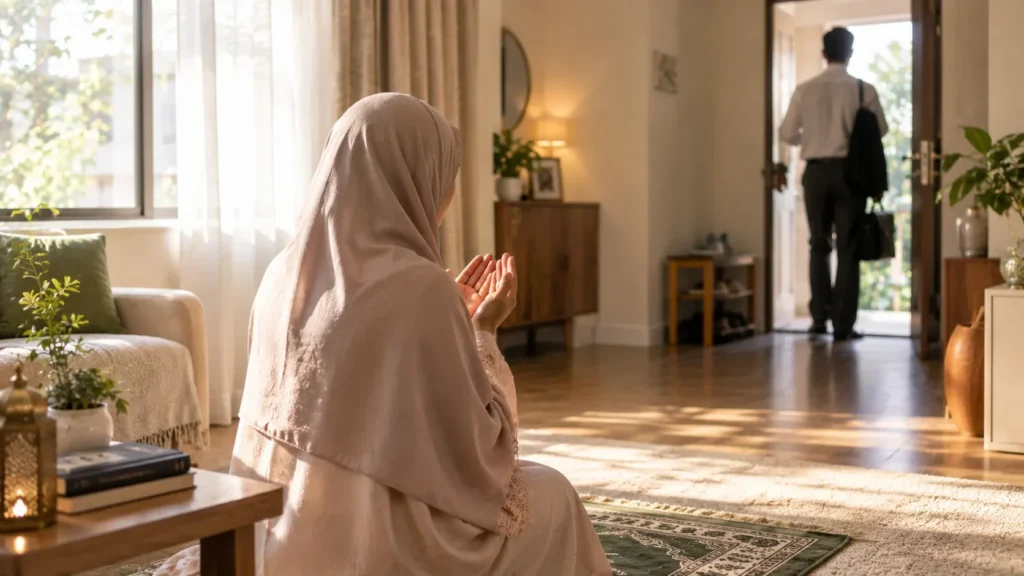 A back view of a Muslim woman wearing a light beige hijab, seated on a prayer mat with her hands raised in supplication (Dua). In the background, her husband in formal business attire carrying a jacket and briefcase steps out through an open front door in a warm, sunlit home.