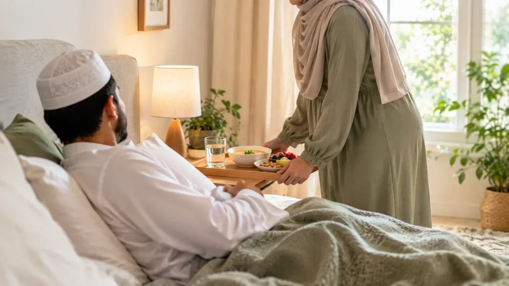 A Muslim woman wearing a light beige hijab and olive green dress serving a wooden tray of healthy food—including a bowl of soup, fresh fruit, nuts, and a glass of water—to her sick husband resting in bed. The husband, wearing a white thobe and a prayer cap (kufi), looks up from under a warm green blanket in a sunlit bedroom decorated with soft lighting and houseplants.