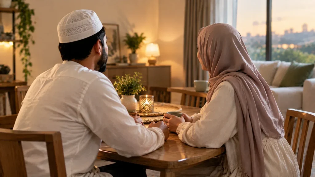 A back view of a Muslim couple sitting together at a wooden dining table, holding warm tea mugs during sunset. The man wears a white long-sleeve shirt and a white embroidered prayer cap (kufi), while the woman wears a dusty rose hijab and a white dress. A glowing decorative candle, small potted plant, and warm ambient room lights complement the scenic view of a city skyline visible through large window doors in the background.