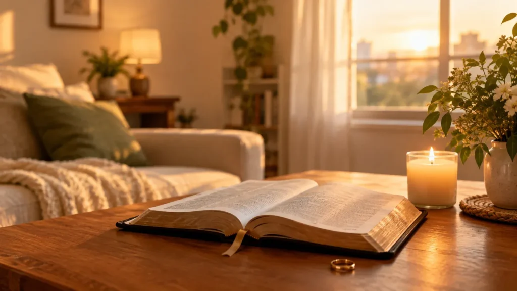 An open Bible lying on a wooden coffee table in a warmly lit living room, with a gold wedding ring resting nearby. Next to the Bible is a lit candle in a glass jar and a small vase of flowers, illuminated by soft golden sunlight coming through a large window.