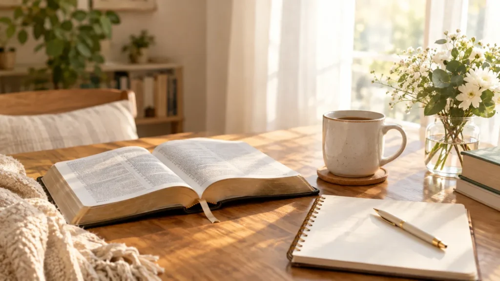 Peaceful morning prayer setting with Bible, coffee, flowers, and journal.