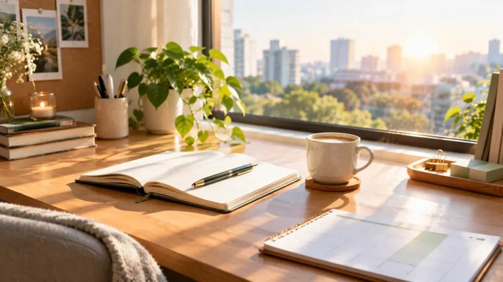 A cozy wooden desk workspace illuminated by warm morning sunlight next to a large window with a city skyline view, featuring an open journal with a pen, a cup of coffee on a coaster, a desk calendar, and lush potted house plants.