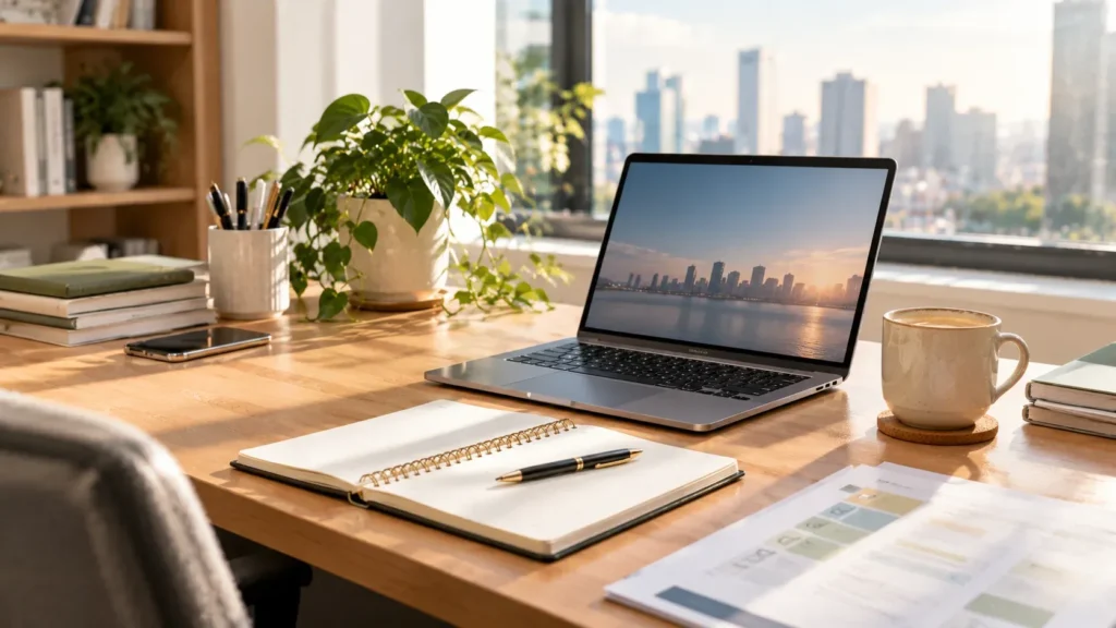 An open laptop displaying a city skyline wallpaper sitting on a sunny wooden desk, surrounded by an open spiral notebook with a pen, a mug of coffee, potted house plants, and books next to a large window overlooking a city skyline view.