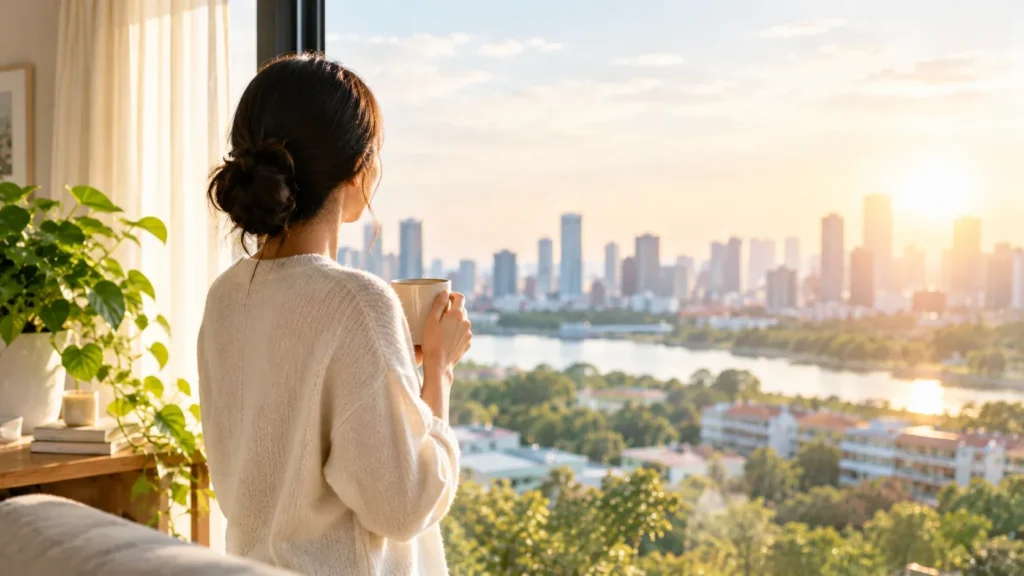 Rear view of a woman in a cozy cream sweater holding a mug, looking out a large open window at a bright morning sunrise over a city skyline and river.