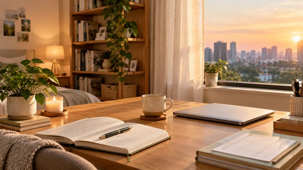 A cozy wooden desk setup at sunset with golden light streaming in from a large window overlooking a city skyline, featuring a closed laptop, an open journal with a pen, a mug on a cork coaster, a lit candle, and potted green plants.