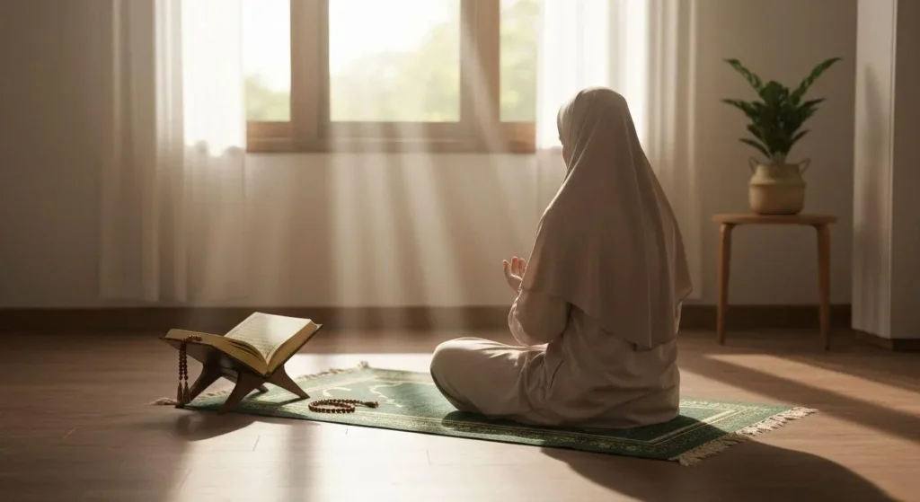 Prayer mat and Quran prepared for learning how to perform Asr prayer step by step.