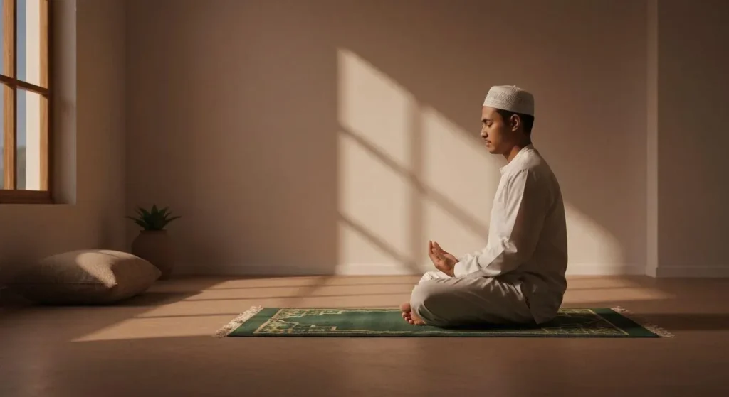 Muslim worshipper making dua after afternoon prayer in a peaceful home.