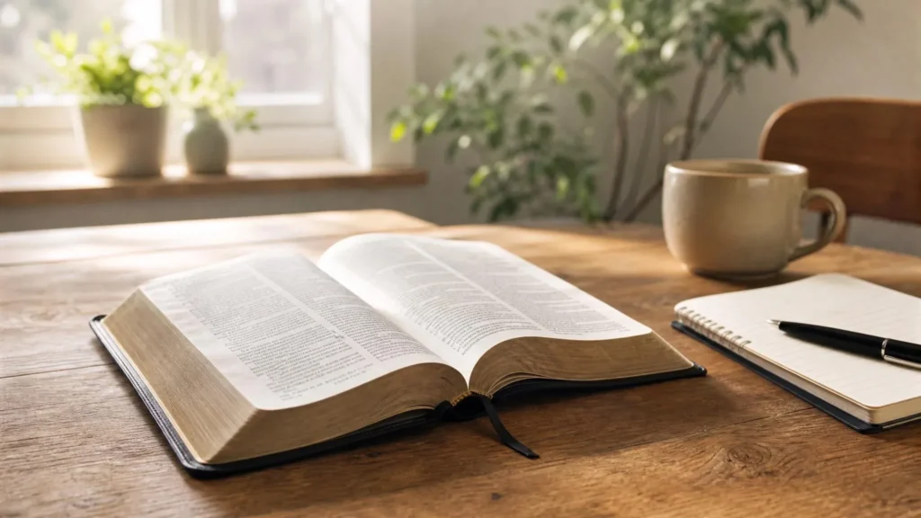 Bible quotes good morning with an open Bible in warm morning sunlight.