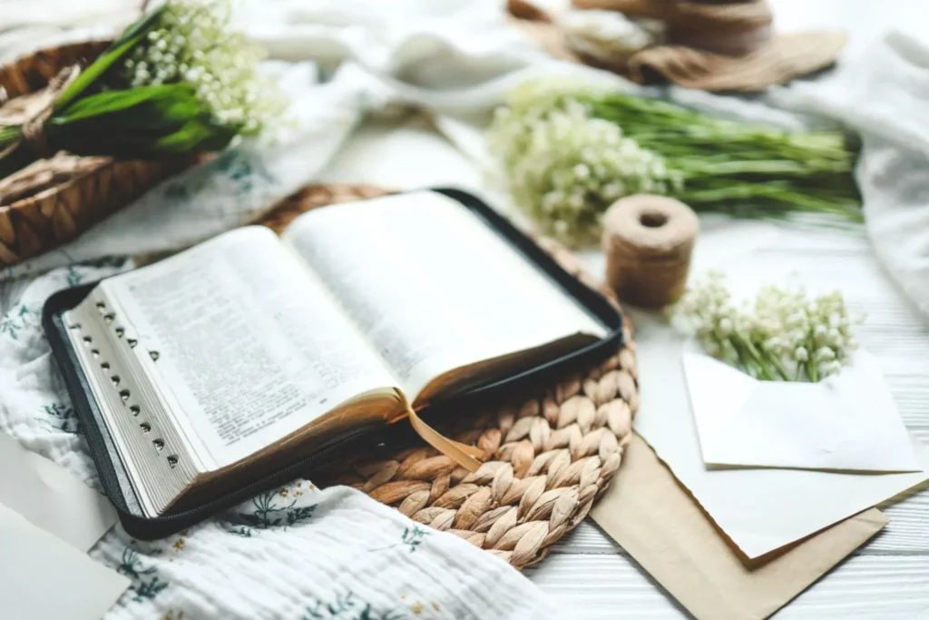 Christian good morning blessings with a Bible and greeting card for loved ones.