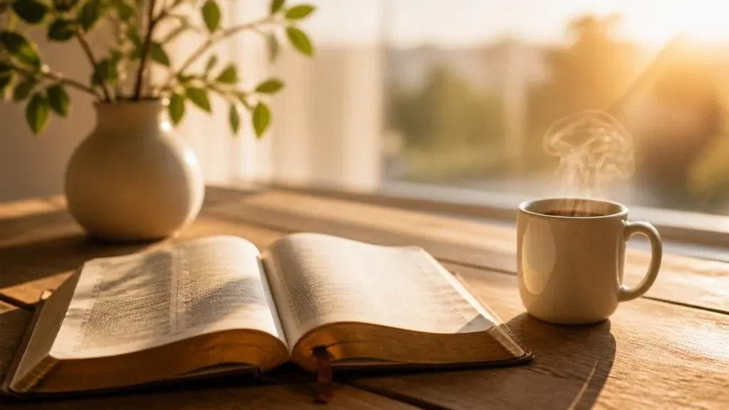 Bible verses for morning prayer with an open Bible and devotional journal.