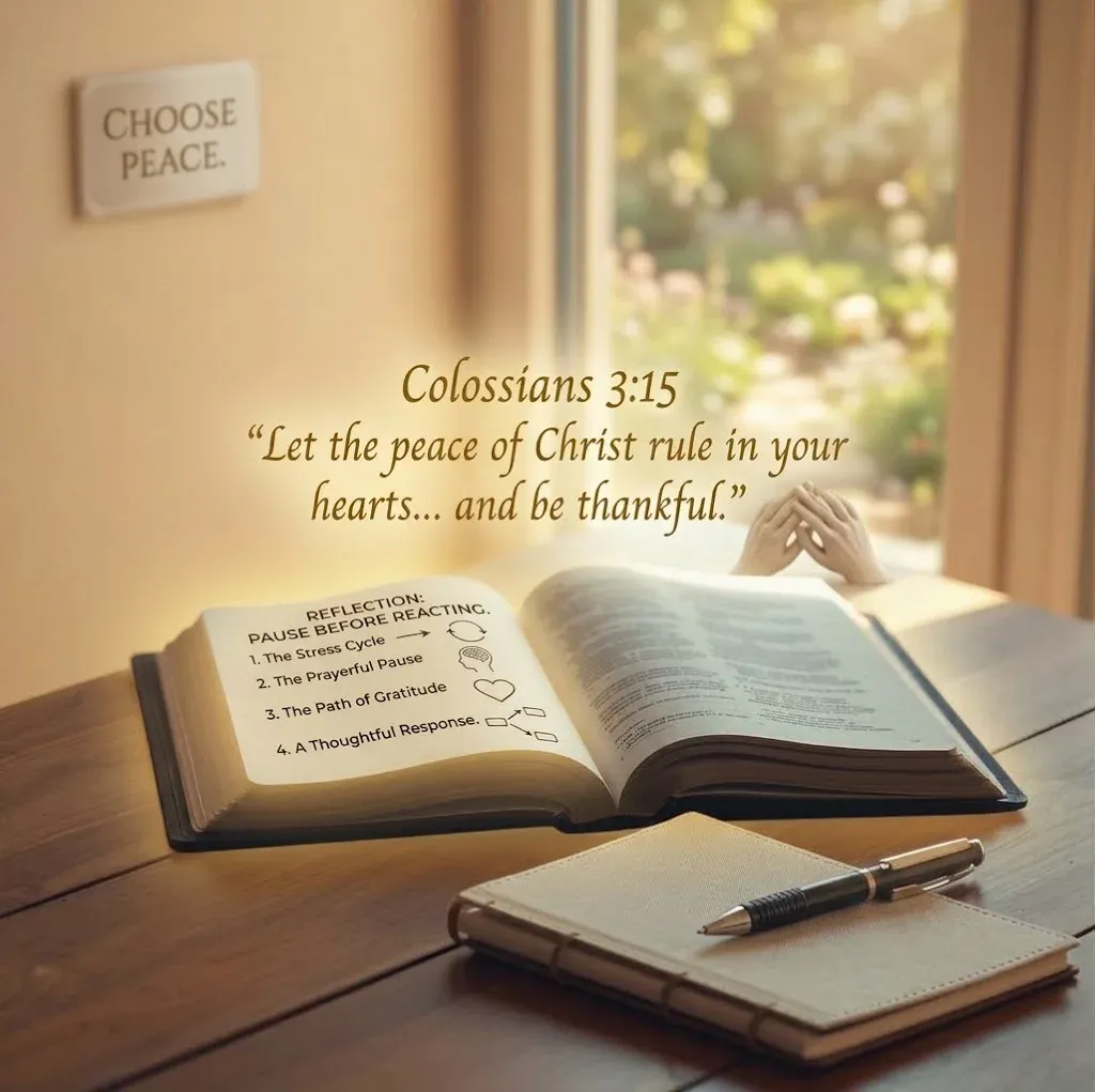 An open book rests on a wooden table, its pages marked with text. Sunlight streams in from a window to the right, illuminating the book and a pair of hands clasped in prayer near its spine. Above the book, a floating script bears the words of Colossians 3:15: "Let the peace of Christ rule in your hearts… and be thankful." A separate section within the book itself is titled "REFLECTION: PAUSE BEFORE REACTING" and includes a simple flow diagram: a cycle of stress leads to a prayerful pause, then gratitude, which ultimately culminates in a thoughtful response, represented by a heart. To the left, a wooden frame on a simple background holds the inscription "CHOOSE PEACE." and a pen lies on a closed notebook next to the book. The depth of field is shallow, drawing focus to the book and hands.