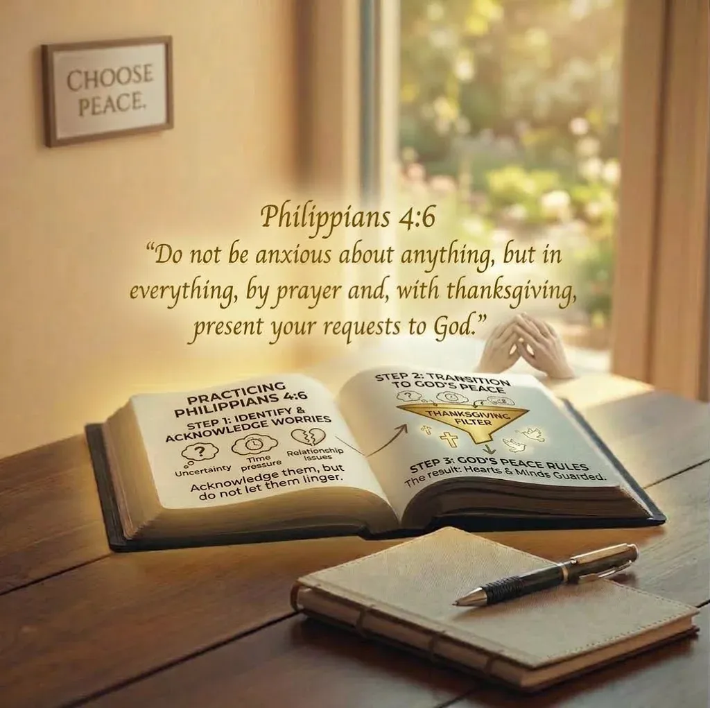 An open book is positioned on a dark wooden desk, its pages displaying intricate illustrations and text concerning "Practicing Philippians 4:6," specifically Step 1: "Identify & Acknowledge Worries" and Step 2: "Transition to God's Peace." To the right, a pair of small, sculpted hands are shown clasped in a gesture of prayer. Sunlight streams through a large window, creating a warm, inviting glow that illuminates the book and a pen resting on a nearby journal. On the left wall, a simple sign with "Choose Peace" written in elegant script provides a motivational backdrop, all under a tranquil outdoor view.