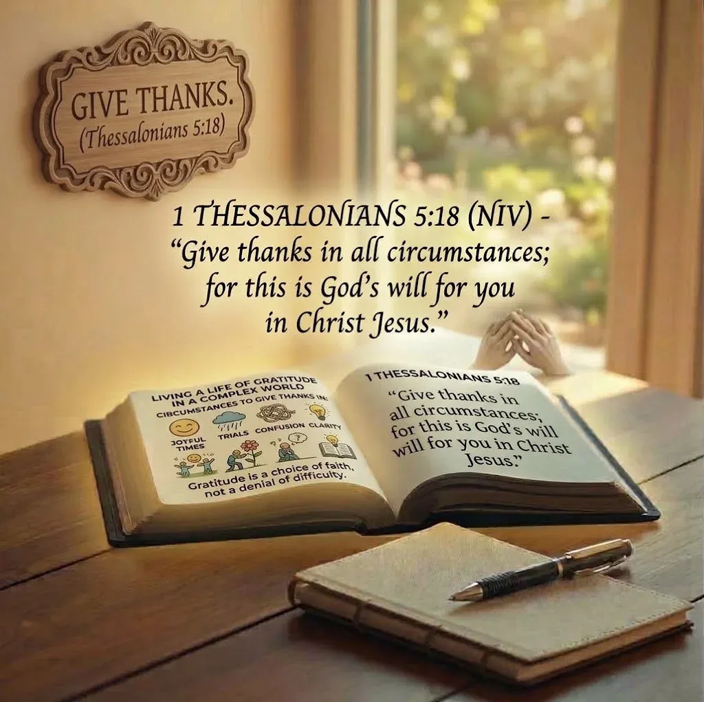 A wooden desk setup featuring an open Bible and religious text. In the background, there is a carved wooden plaque on the wall that says, 'GIVE THANKS. (Thessalonians 5:18)'. Text floating above the desk quotes, '1 Thessalonians 5:18 (NIV) - "Give thanks in all circumstances; for this is God’s will for you in Christ Jesus."' The open Bible on the desk has illustrations and text about living a life of gratitude in a complex world. A pen rests on a closed journal in the foreground, with a large window in the background showing blurred greenery.