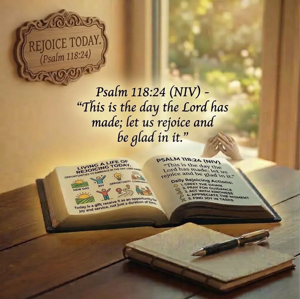 A cozy indoor scene showing an open book, notebook, and pen on a wooden desk bathed in natural window light. Text on the wall and page features the Bible verse Psalm 118:24: "This is the day the Lord has made; let us rejoice and be glad in it," with an illustrated section detailing actions to live a life of daily rejoicing.
